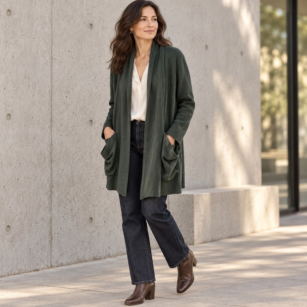 Eileen Fisher 100% Wool Long Cardigan XL Forest Green Open Front Pockets
